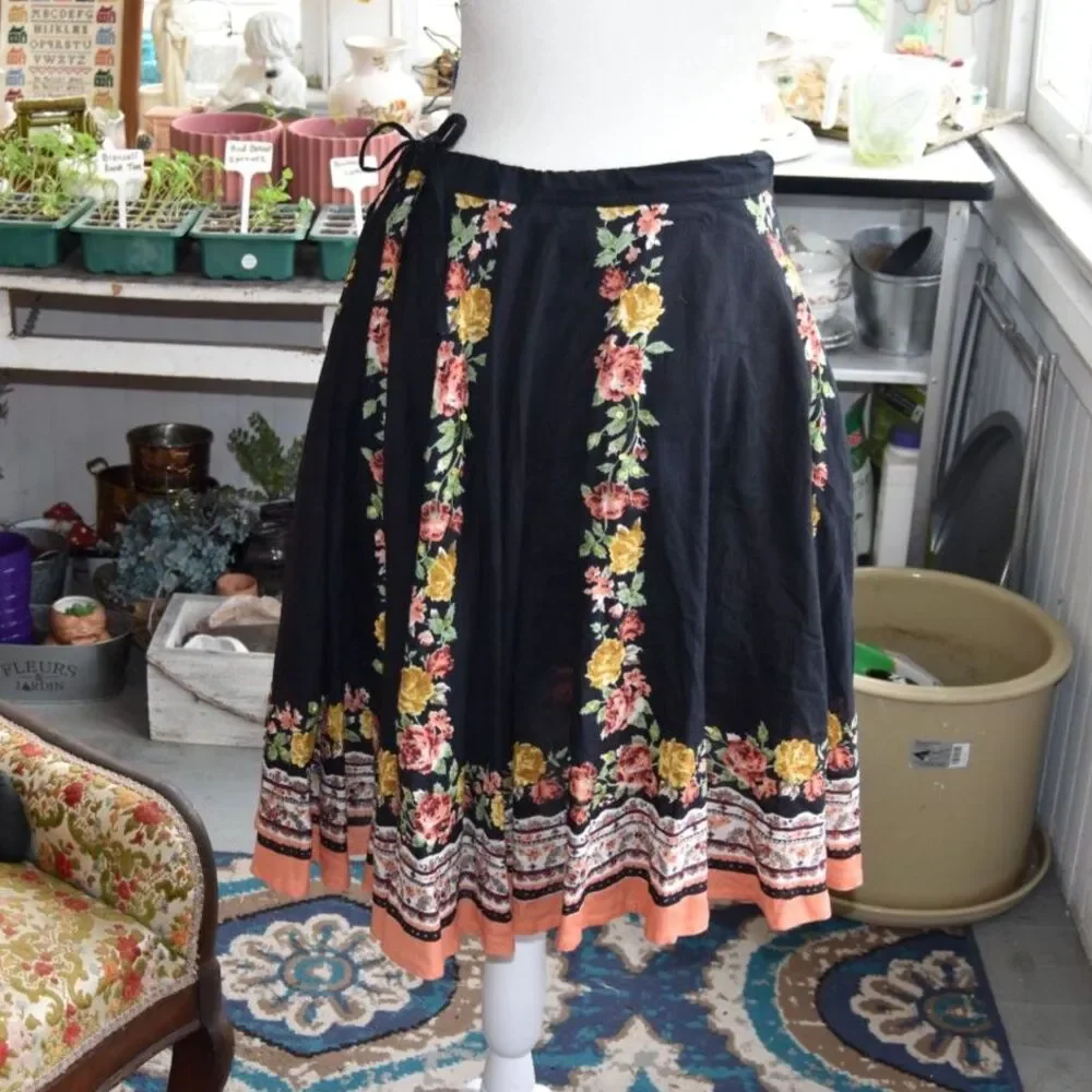 Blue Plate Y2K Boho Floral Circle Skirt Black Cotton India Size Large